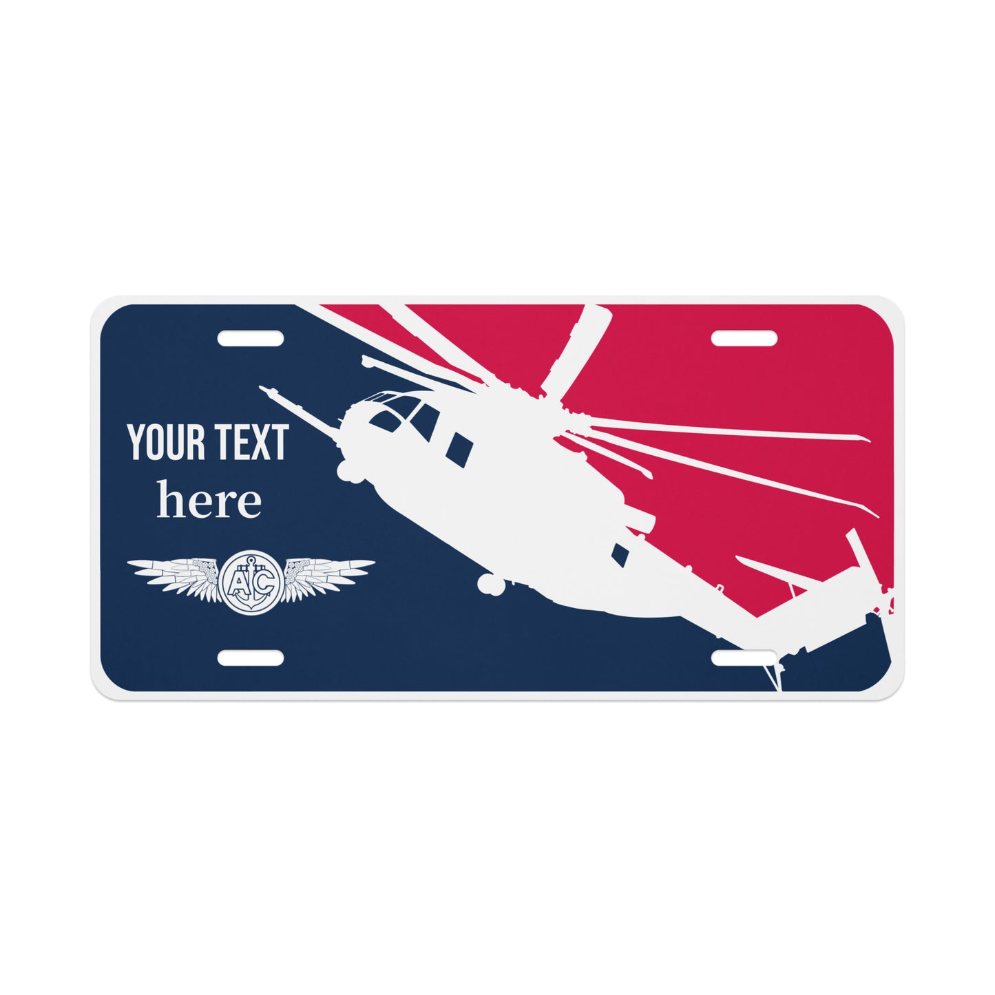 Customizable license plate with helicopter design and text space on a blue and red background