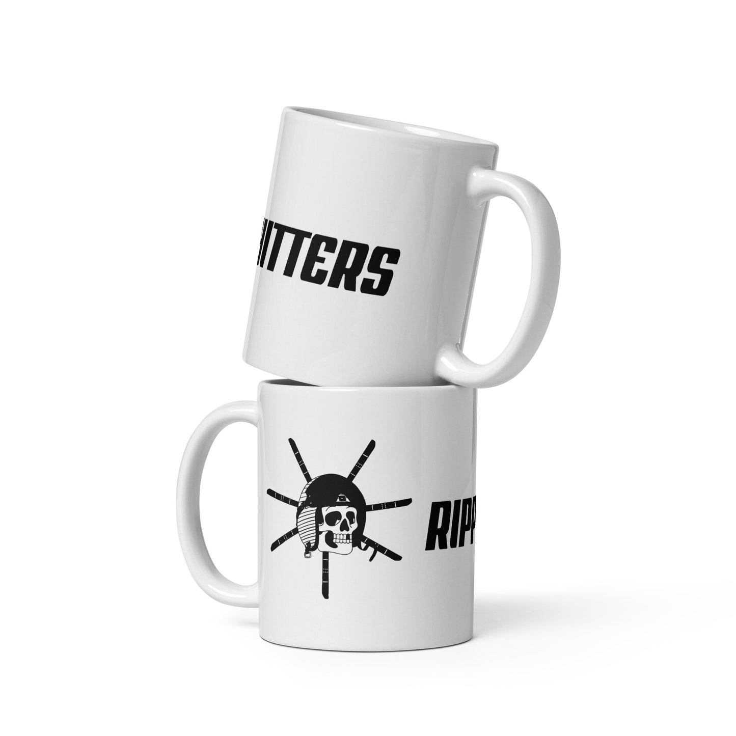 Two white mugs with black text and graphics on a white background